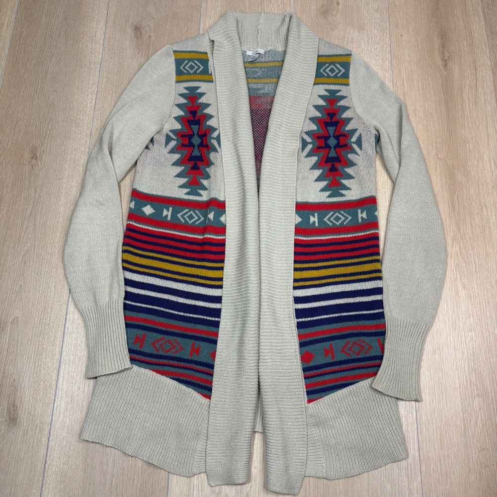 Ecote Women Southwestern Geometric Open Front Shawl Collar Cardigan Cream Small